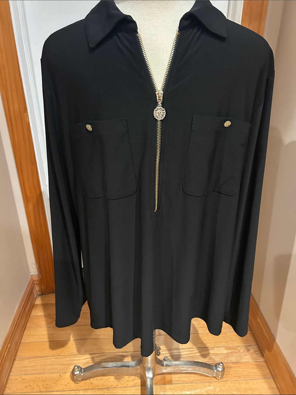 Black Zip-Front women’s blouse with Chest Pockets